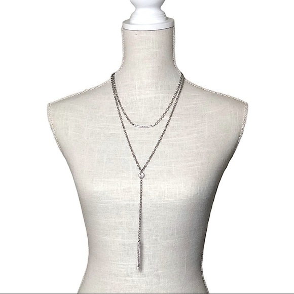 𝅺DOUBLE Layered Silver Tone Necklace Chain Necklace Clear Rhinestone Design - Picture 1 of 3